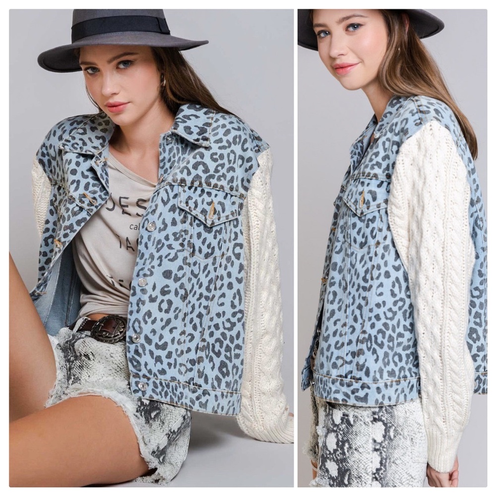 POL Snow Leopard Denim & Cable Knit Jacket - Picture 6 of 13